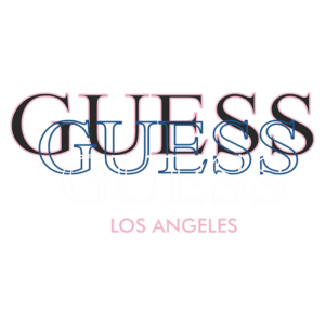 Logo da marca Guess, destacando o nome em várias fontes e estilos, com "Los Angeles" escrito na parte inferior. Ideal para representar moda e estilo contemporâneo.
