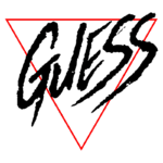 Logotipo da marca Guess com a palavra "GUESS" escrita em um estilo de fonte estilizada e arrojada, destacada dentro de um triângulo vermelho.