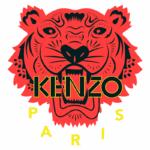 Logotipo da marca Kenzo, apresentando a imagem estilizada de uma cabeça de tigre em tons de vermelho e preto, com o nome "KENZO" em letras grandes e amarelas e "PARIS" abaixo, em letras menores.