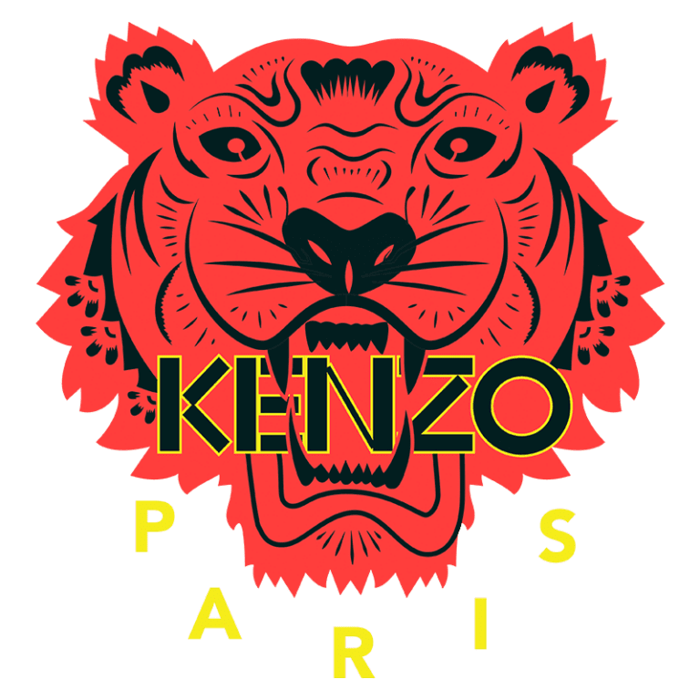 Logotipo da marca Kenzo, apresentando a imagem estilizada de uma cabeça de tigre em tons de vermelho e preto, com o nome "KENZO" em letras grandes e amarelas e "PARIS" abaixo, em letras menores.