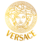 Logo da marca Versace em dourado, apresentando a icônica cabeça da Medusa dentro de um círculo com padrões gregos ao redor.