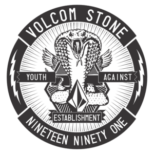 Logotipo da Volcom, apresentando uma cobra estilizada em destaque, com os dizeres "Youth Against Establishment" e "Nineteen Ninety One", remetendo à cultura jovem e ao estilo de vida alternativo. Ideal para identidade visual de moda e esportes radicais.