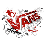 Ilustração da marca Vans, apresentando o logotipo "VANS", elementos de skate e designs gráficos em cores vermelha e preta, com referências à cultura do skate e a frase "Off the Wall".