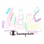 Ilustração estilizada de um cenário urbano com edifícios e elementos gráficos, destacando o logotipo da marca Champion e a referência a Nova York, tudo em um design moderno e colorido.