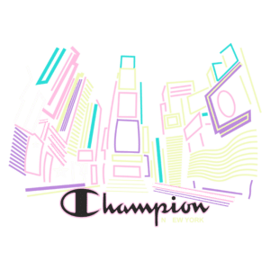 Ilustração estilizada de um cenário urbano com edifícios e elementos gráficos, destacando o logotipo da marca Champion e a referência a Nova York, tudo em um design moderno e colorido.