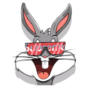 Desenho de um coelho estilizado usando óculos escuros com a marca "Supreme", sorrindo e mostrando os dentes, com um fundo verde.
