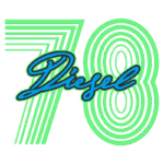 Logo da marca Diesel com o número 78, apresentado em um design moderno com linhas onduladas em verde e azul.