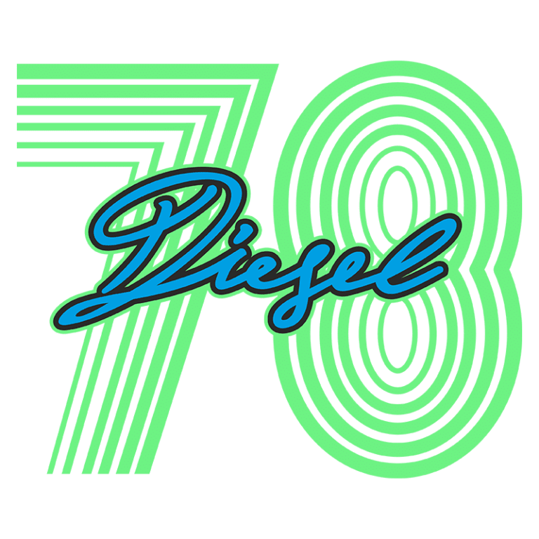 Logo da marca Diesel com o número 78, apresentado em um design moderno com linhas onduladas em verde e azul.