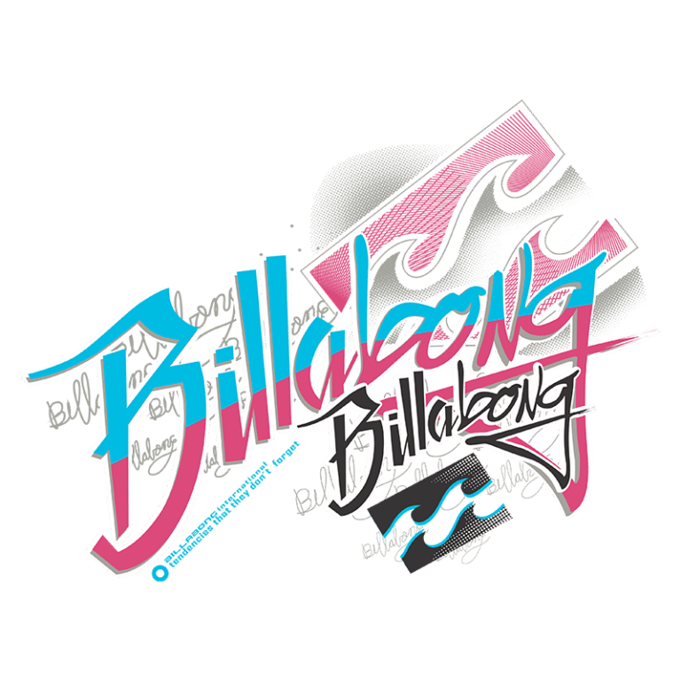 Logotipo da marca Billabong com elementos gráficos coloridos e design moderno, destacando a cultura do surf e estilo de vida praiano.