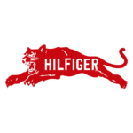 Logo da marca Hilfiger, apresentando um puma vermelho em movimento, simbolizando dinamismo e estilo. Ideal para moda e acessórios.