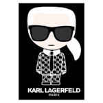 Ilustração estilizada de Karl Lagerfeld em trajes clássicos, usando óculos escuros e com cabelo platinado em um fundo preto. Logo "Karl Lagerfeld Paris" destacado na parte inferior.