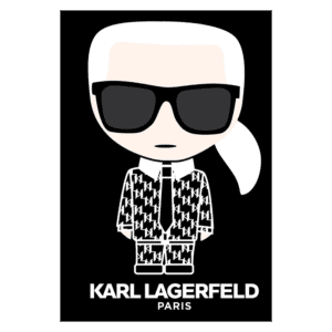 Ilustração estilizada de Karl Lagerfeld em trajes clássicos, usando óculos escuros e com cabelo platinado em um fundo preto. Logo "Karl Lagerfeld Paris" destacado na parte inferior.
