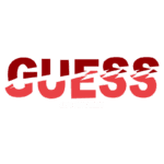 Logo da marca Guess, com o texto "GUESS" em destaque em vermelho e "LOS ANGELES" em branco, representando a identidade de moda urbana da marca.