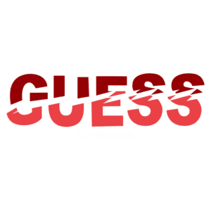 Logo da marca Guess, com o texto "GUESS" em destaque em vermelho e "LOS ANGELES" em branco, representando a identidade de moda urbana da marca.