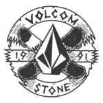 Logotipo da Volcom, com um diamante estilizado no centro, cercado por pranchas de snowboard e a inscrição "1991". A imagem representa a cultura de esportes radicais e moda urbana.