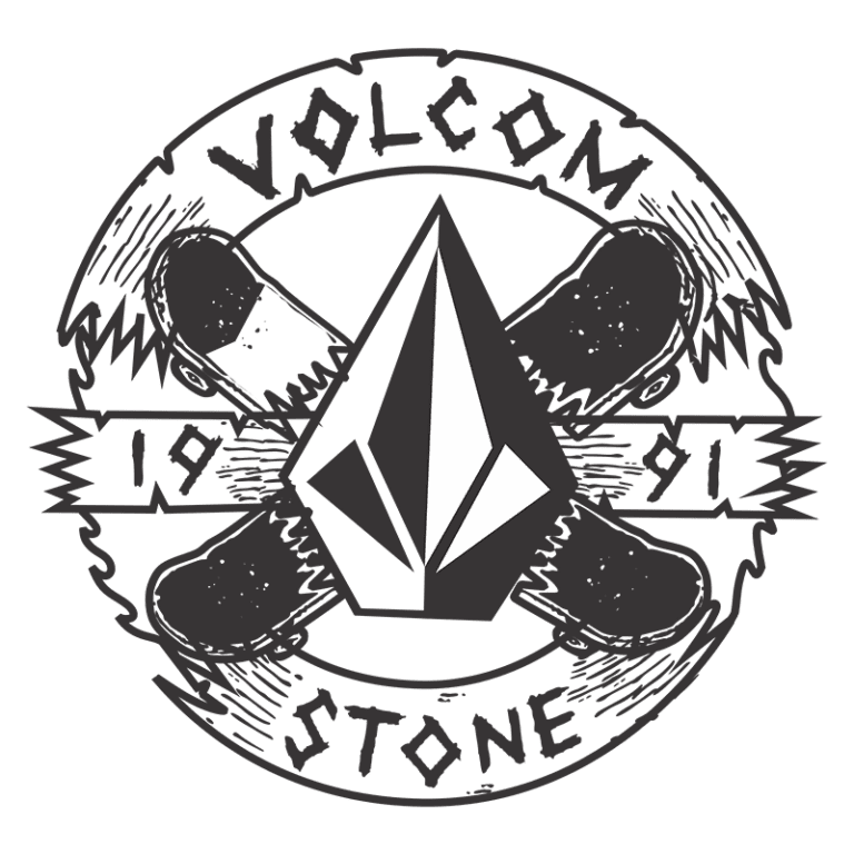 Logotipo da Volcom, com um diamante estilizado no centro, cercado por pranchas de snowboard e a inscrição "1991". A imagem representa a cultura de esportes radicais e moda urbana.