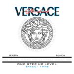 Logotipo da marca Versace, destacando a qualidade superior da coleção de roupas desde 1978, com design moderno e elementos icônicos como a cabeça de Medusa e o padrão grego.