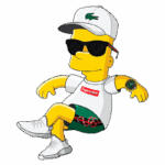 Bart Simpson estilizado usando roupas de marcas populares como Supreme e Lacoste, com óculos escuros, chapéu e tênis brancos. Fundo verde.