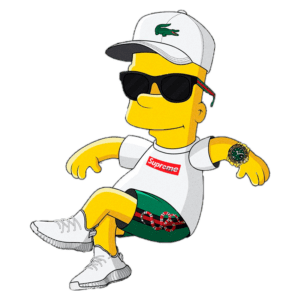 Bart Simpson estilizado usando roupas de marcas populares como Supreme e Lacoste, com óculos escuros, chapéu e tênis brancos. Fundo verde.