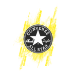 Logo da Converse All Star em fundo amarelo, destacando a estrela preta no centro e o nome "Chuck Taylor" em destaque. Ideal para representar estilo e cultura urbana.