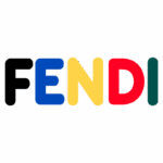 Logotipo da marca Fendi em cores vibrantes, destacando as letras F, E, N, D e I em preto, azul, amarelo, vermelho e verde.