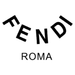 Logotipo da Fendi, uma marca icônica de moda, com as letras "FEN" dispostas em ângulo e "ROMA" em uma fonte menor abaixo.
