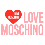Logotipo da marca Love Moschino, apresentando um coração vermelho com a palavra "LOVE" em destaque e "MOSCHINO" abaixo em letras grandes e estilizadas, em um fundo branco. Ideal para busca de moda e design de marcas.