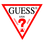 Logotipo da marca Guess, em formato triangular vermelho, destacando a palavra "WASHED" e "JEANS", com a inscrição "USA" e números 1201 e 1203, representando a linha de jeans da empresa.