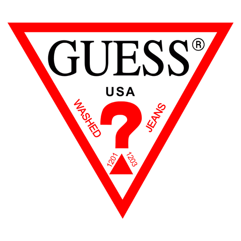 Logotipo da marca Guess, em formato triangular vermelho, destacando a palavra "WASHED" e "JEANS", com a inscrição "USA" e números 1201 e 1203, representando a linha de jeans da empresa.