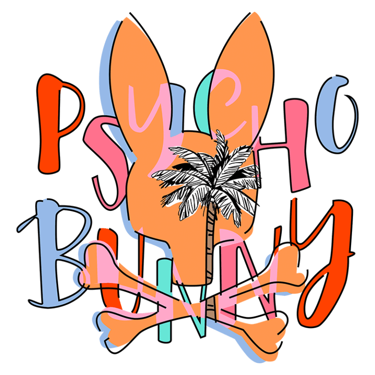 Ilustração colorida com a palavra "Psycho Bunny" destacada, acompanhada por uma cabeça de coelho com orelhas grandes e uma palmeira ao centro, além de elementos gráficos como ossos cruzados, transmitindo uma estética divertida e tropical.