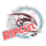 Logotipo da marca Rip Curl com design colorido e elementos gráficos oceânicos, incluindo ondas e padrões, ideal para a comunidade surfista.