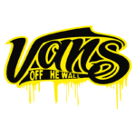Logo da Vans, com o texto estilizado "VANS OFF THE WALL" em preto e amarelo, apresentando um design urbano e moderno. Ideal para representar a cultura do skate e a moda streetwear.