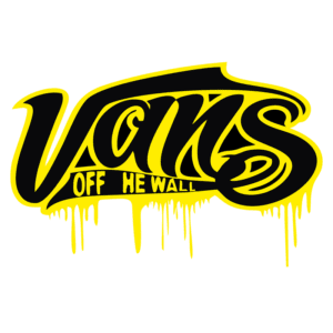 Logo da Vans, com o texto estilizado "VANS OFF THE WALL" em preto e amarelo, apresentando um design urbano e moderno. Ideal para representar a cultura do skate e a moda streetwear.