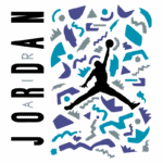 Logotipo da marca Jordan com a silhueta de um atleta em movimento, cercado por formas geométricas coloridas, representando um estilo dinâmico e ativo.