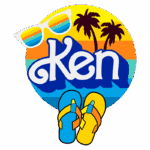 Logo colorido com o nome "Ken", óculos de sol e sandálias de praia, evocando um estilo de vida de verão tropical.