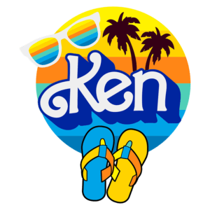Logo colorido com o nome "Ken", óculos de sol e sandálias de praia, evocando um estilo de vida de verão tropical.