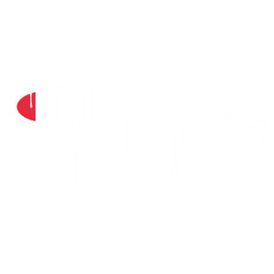 Logo da marca Champion em estilo grafite, com letras brancas e detalhes em vermelho, retratando a estética urbana e esportiva.