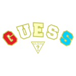 Logotipo colorido da marca Guess, apresentando a palavra "GUESS" em letras grandes e estilizadas, com destaque para cores como vermelho, azul e amarelo.