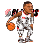 Ilustração de jogador de basquete com uniforme do Portland Trail Blazers, segurando uma bola de basquete, em uma pose dinâmica, destacando o logotipo "Rip City".
