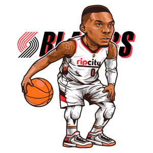 Ilustração de jogador de basquete com uniforme do Portland Trail Blazers, segurando uma bola de basquete, em uma pose dinâmica, destacando o logotipo "Rip City".