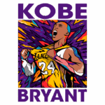 Ilustração vibrante de Kobe Bryant exibindo sua camisa do Los Angeles Lakers, com fundo colorido e explosivo, destacando sua paixão pelo basquete e sua icônica camiseta número 24.