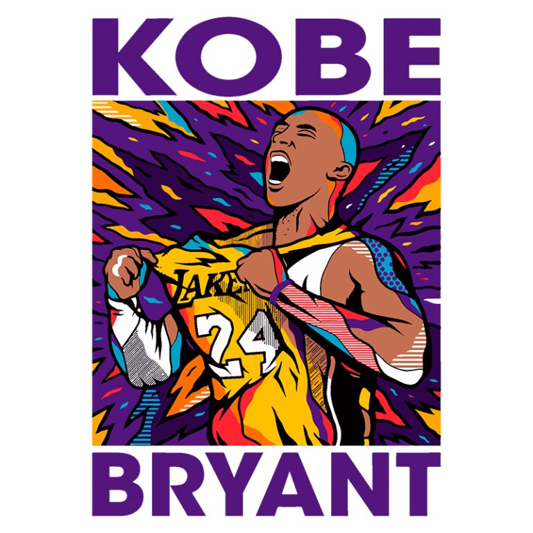 Ilustração vibrante de Kobe Bryant exibindo sua camisa do Los Angeles Lakers, com fundo colorido e explosivo, destacando sua paixão pelo basquete e sua icônica camiseta número 24.