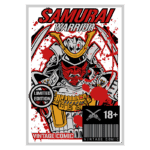 Capa de quadrinhos vintage "Samurai Warrior", apresentando um samurai em armadura detalhada, rodeado por manchas de tinta vermelha, com detalhes como espada e design agressivo. Indica edição limitada e classificação de conteúdo para maiores de 18 anos.
