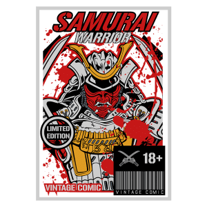 Capa de quadrinhos vintage "Samurai Warrior", apresentando um samurai em armadura detalhada, rodeado por manchas de tinta vermelha, com detalhes como espada e design agressivo. Indica edição limitada e classificação de conteúdo para maiores de 18 anos.