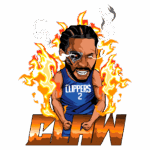 Arte digital de jogador de basquete em destaque, vestindo uniforme dos Los Angeles Clippers, com expressão feroz e efeitos de fogo ao fundo. A imagem enfatiza a palavra "CLAW", simbolizando força e dinamismo no esporte.