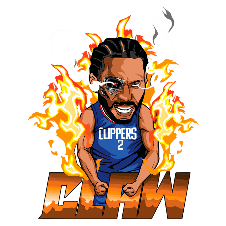 Arte digital de jogador de basquete em destaque, vestindo uniforme dos Los Angeles Clippers, com expressão feroz e efeitos de fogo ao fundo. A imagem enfatiza a palavra "CLAW", simbolizando força e dinamismo no esporte.