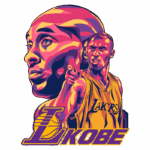 Ilustração estilizada de Kobe Bryant, camisa do Los Angeles Lakers, destacando seu rosto e uma pose dinâmica, simbolizando sua trajetória no basquete. Ideal para fãs de esportes e cultura pop.