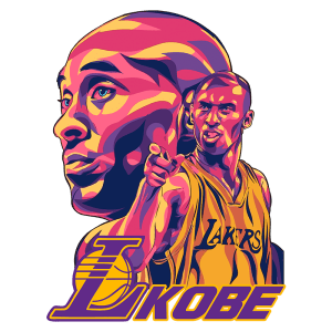 Ilustração estilizada de Kobe Bryant, camisa do Los Angeles Lakers, destacando seu rosto e uma pose dinâmica, simbolizando sua trajetória no basquete. Ideal para fãs de esportes e cultura pop.