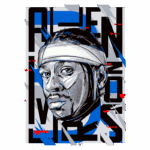 Ilustração artística de um jogador de basquete em estilo moderno, com uma faixa na cabeça e traços marcantes. O fundo apresenta padrões de cores azul, preto e cinza, com o nome "Allen Iverson" em destaque. Ideal para fãs de basquete e cultura urbana.