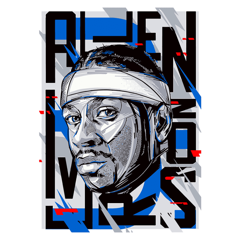 Ilustração artística de um jogador de basquete em estilo moderno, com uma faixa na cabeça e traços marcantes. O fundo apresenta padrões de cores azul, preto e cinza, com o nome "Allen Iverson" em destaque. Ideal para fãs de basquete e cultura urbana.